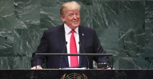 NEW YORK, NY - SEPTEMBER 25:  U.S. President Donald Trump addresses the 73rd session of the United Nations General Assembly on September 25, 2018 in New York City. The United Nations General Assembly, or UNGA, is expected to attract 84 heads of state and 44 heads of government in New York City for a week of speeches, talks and high level diplomacy concerning global issues. New York City is under tight security for the annual event with dozens of road closures and thousands of security officers patrolling city streets and waterways. (Photo by John Moore/Getty Images)